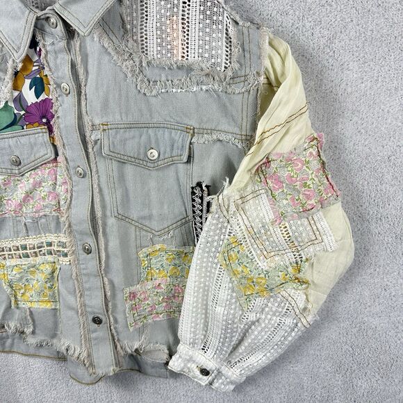 POL Patchwork Lace Denim Distressed Boho Jacket Chic Cottagecore Oversized Med - Picture 4 of 9